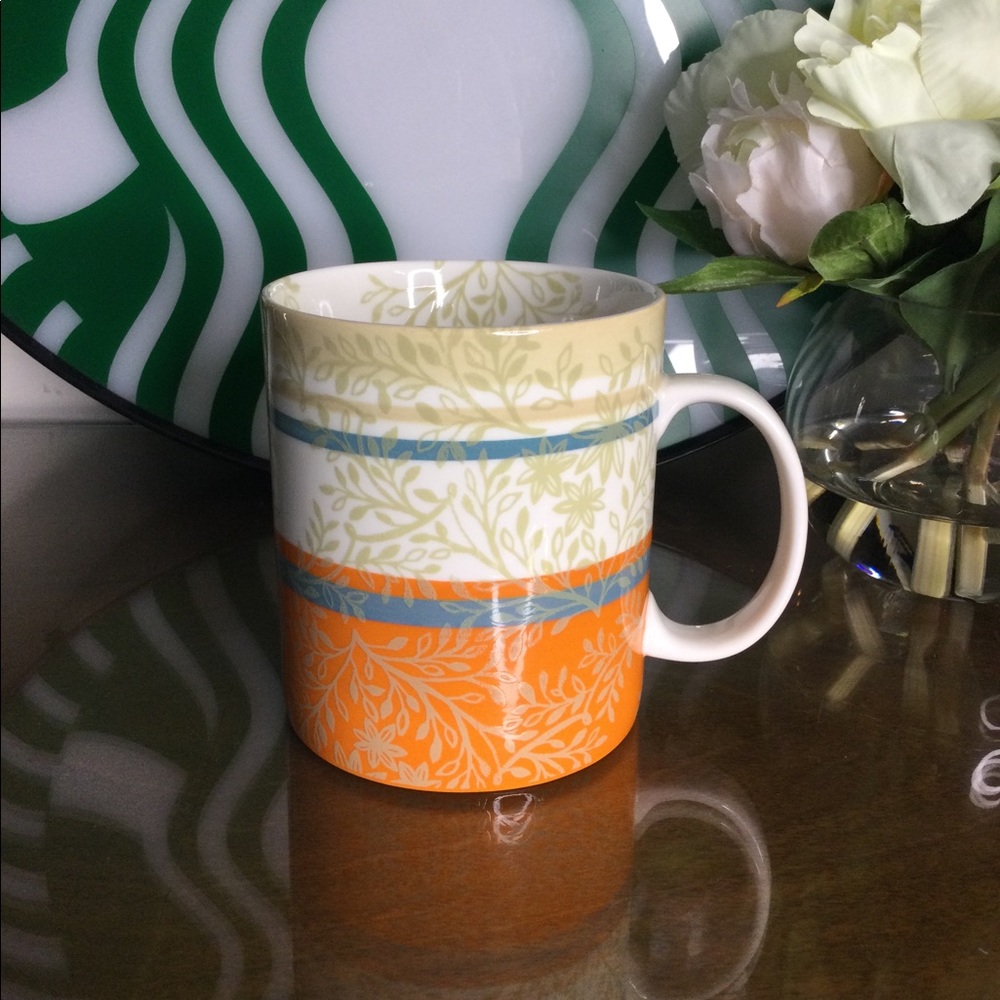 Starbucks 2008 Zen Leaves / Vines Orange Beige Teal Stripe 14 Oz Coffee Mug Cup